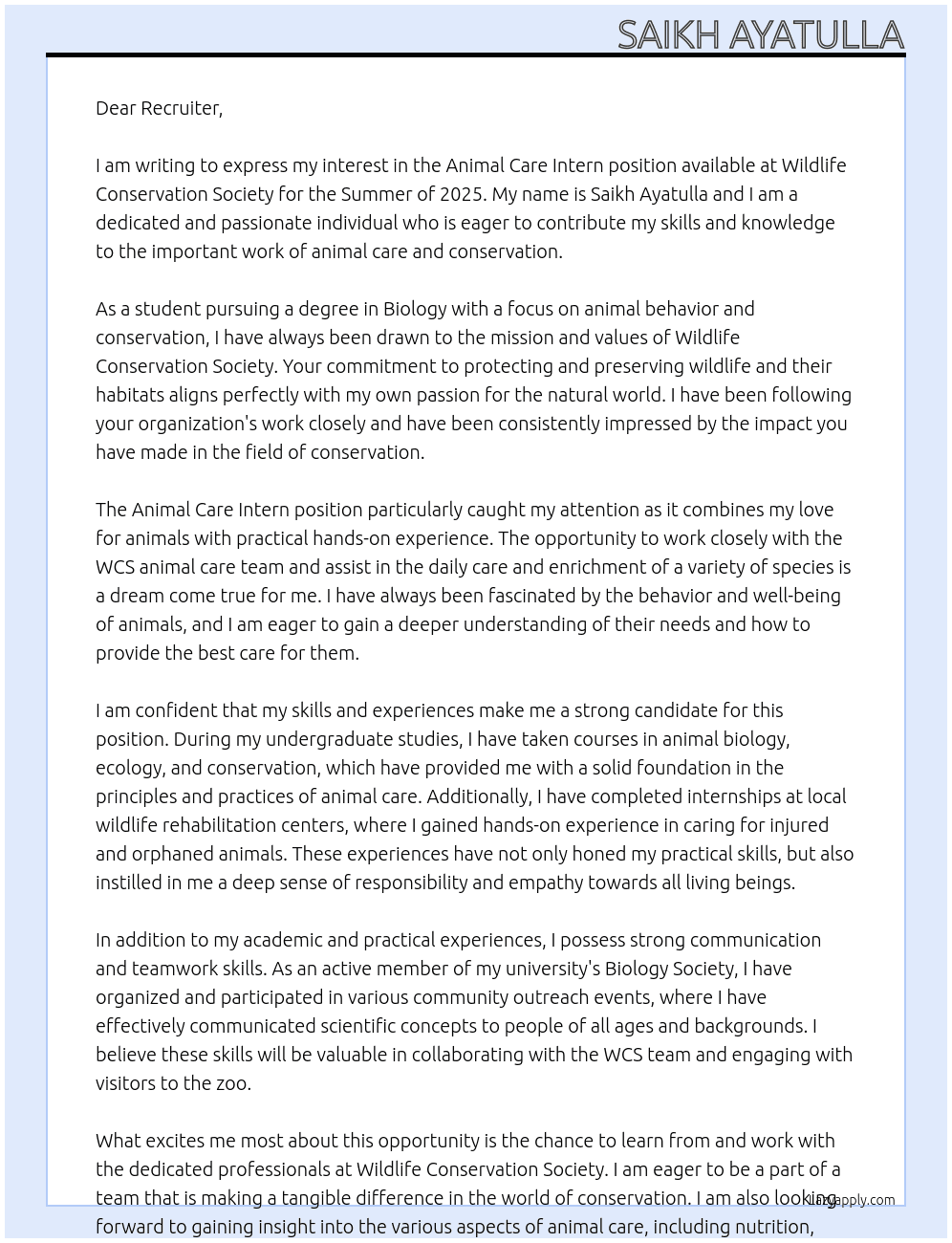Animal Care Intern - Summer 2025  At  Wildlife Conservation Society Cover Letter