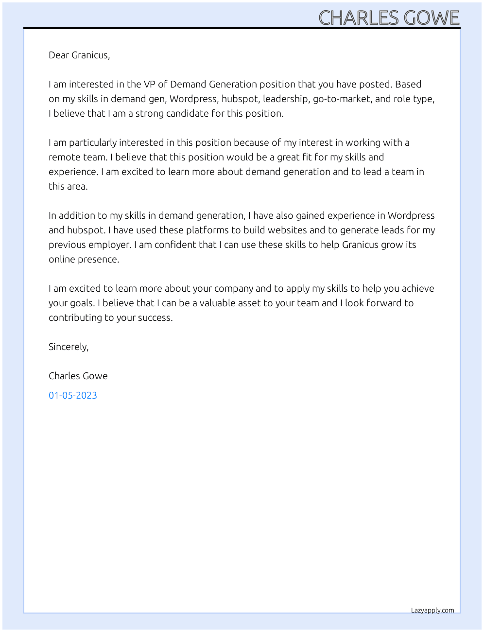 VP of Demand Generation At Granicus Cover Letter