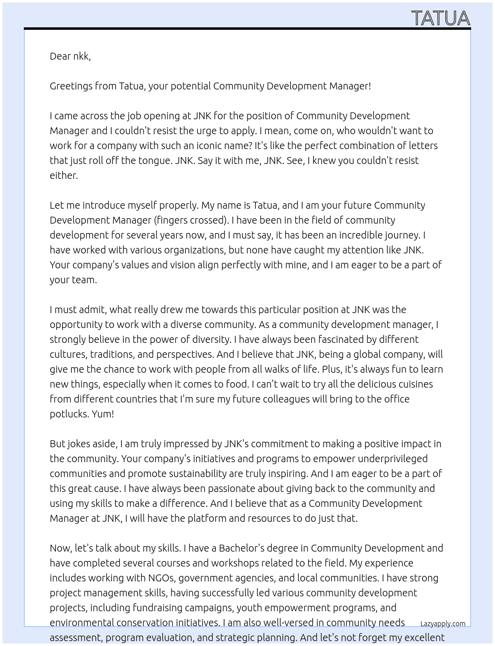 community development manager At jnk Cover Letter