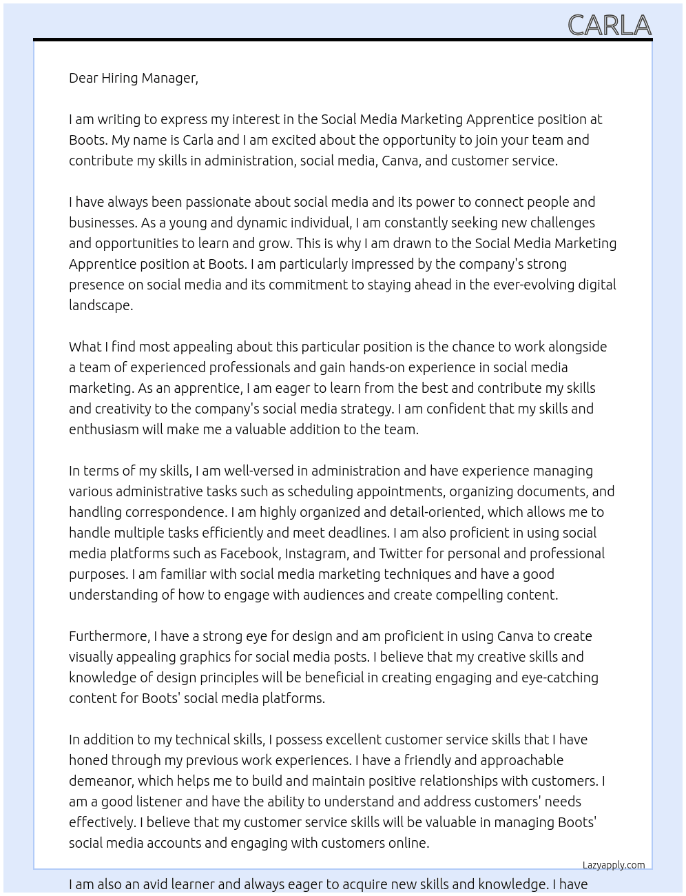 Social media marketing apprentice At Boots Cover Letter