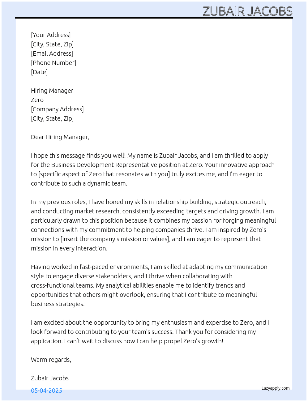 Business development representative At Zero  Cover Letter