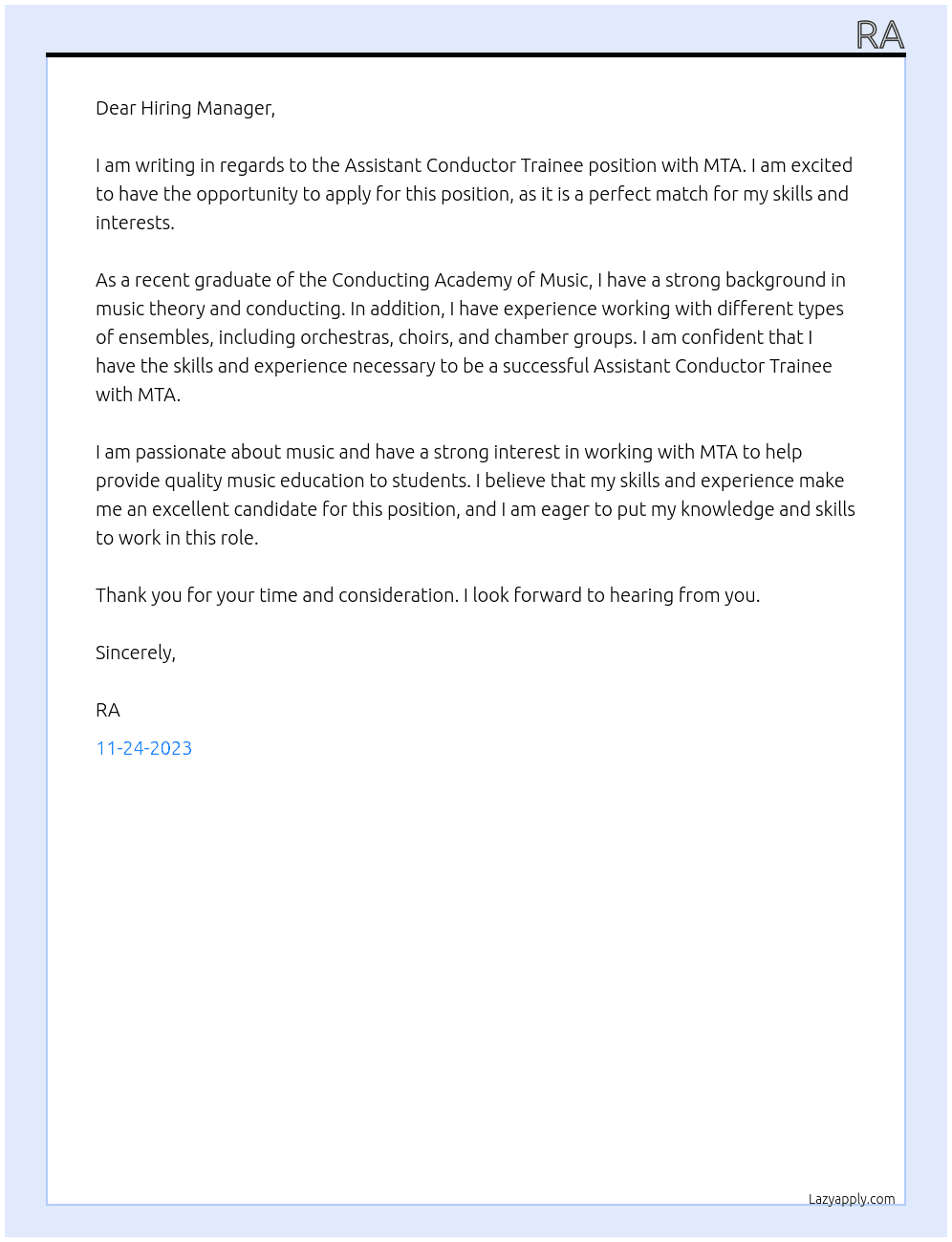 Cover letter for assistant conductor trainee - LazyApply