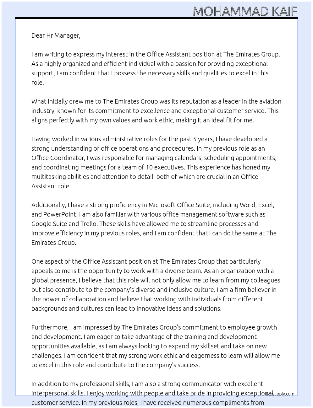 Office Assistant  At The Emirates Group Cover Letter