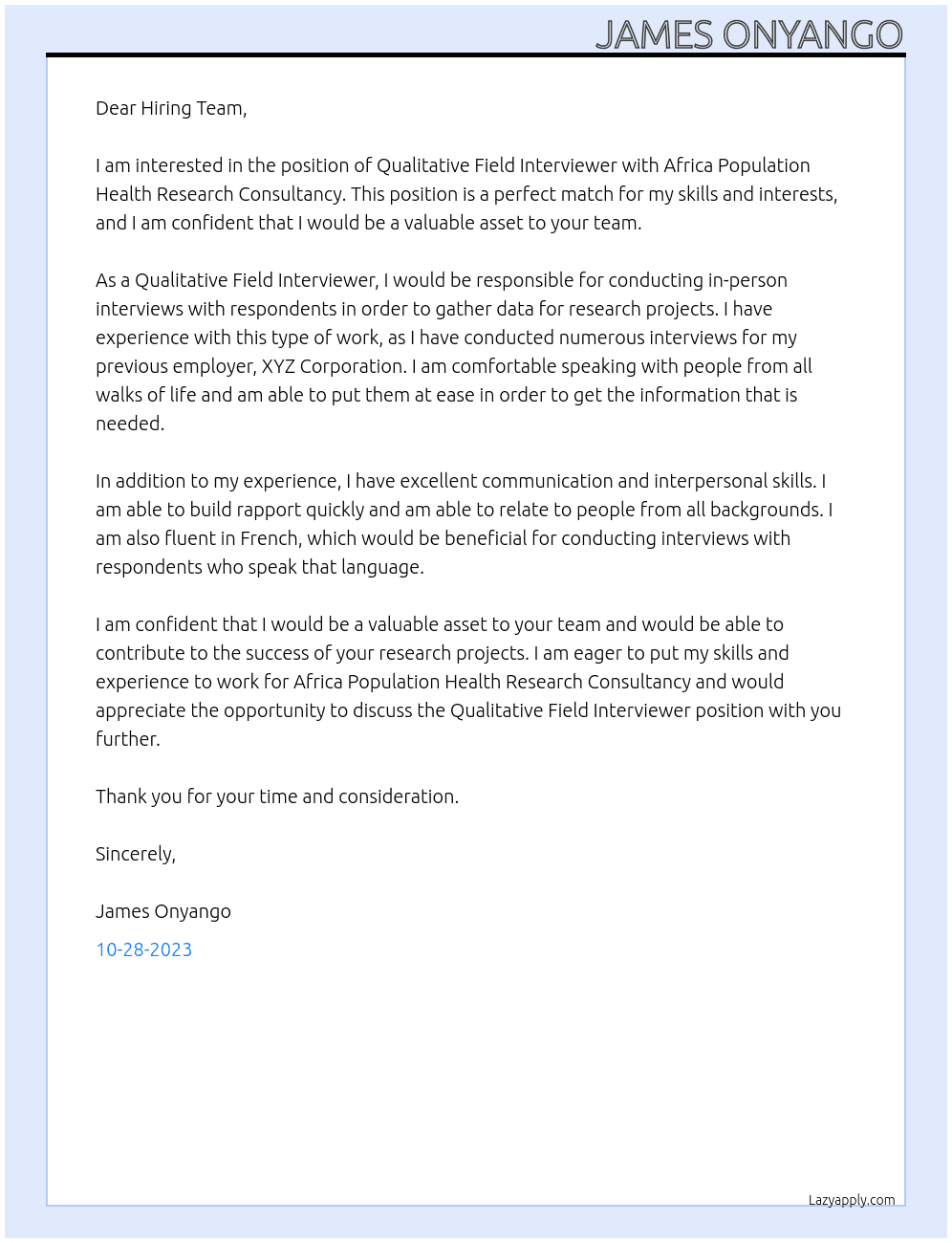 Qualitative field interviewer At Africa population Health Research Consultancy Cover Letter