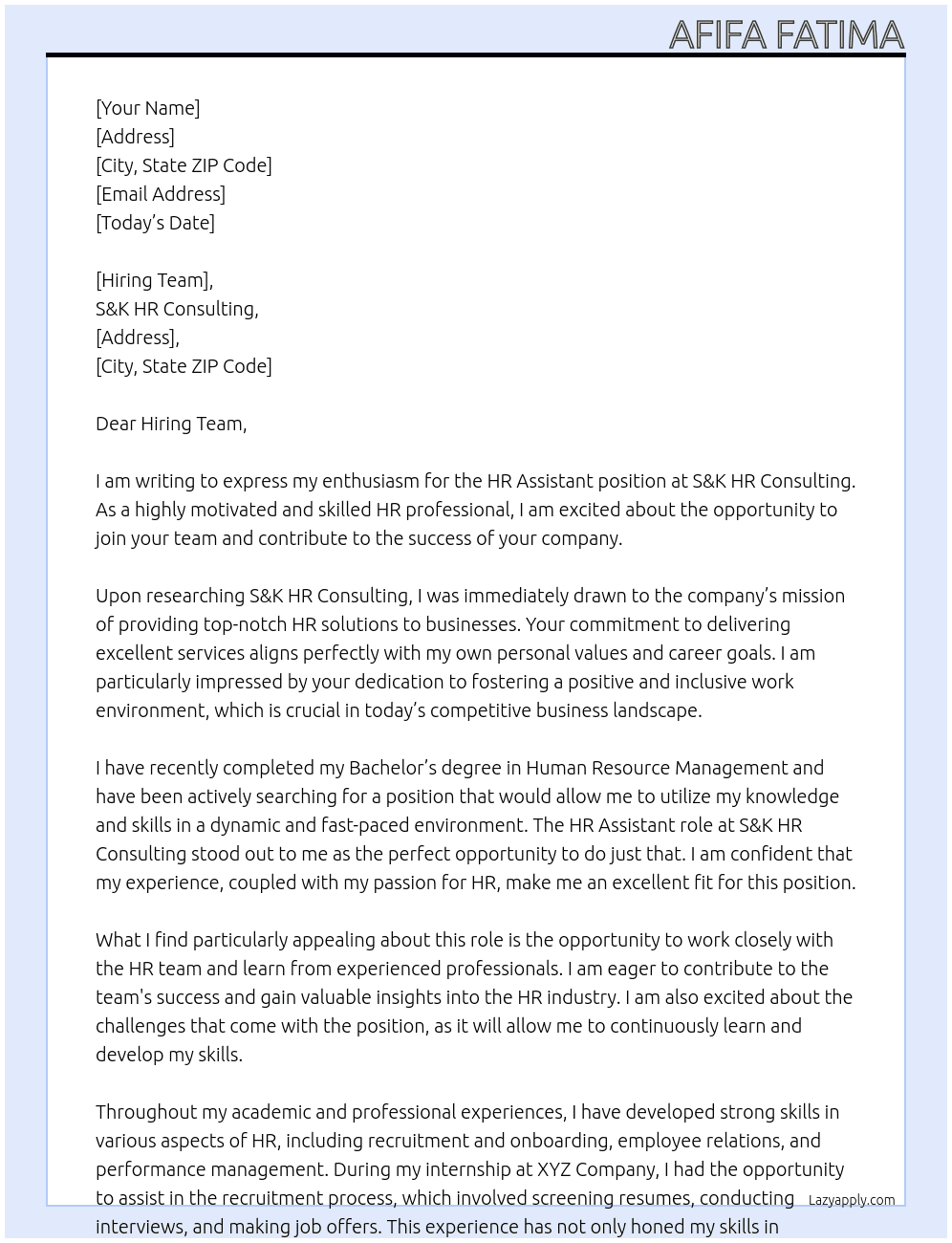 HR assistant  At S&K HR consulting Cover Letter