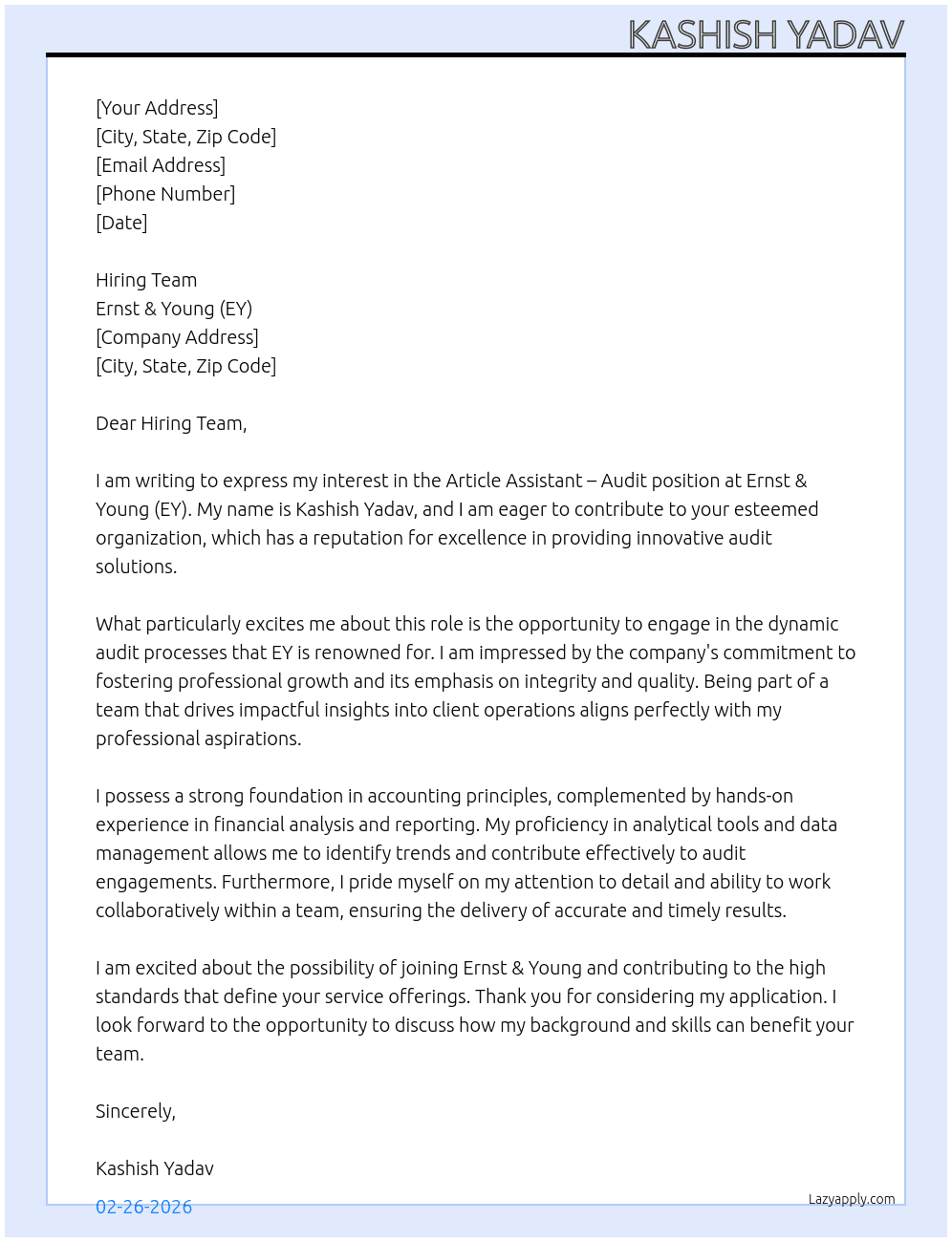 Cover letter for article assistant – audit - LazyApply