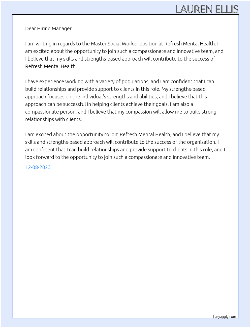 Master Social Worker At Refresh Mental Health Cover Letter