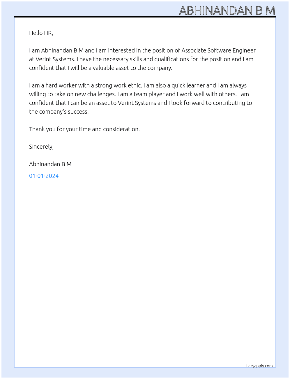 Associate Software Engineer At Verint Systems Cover Letter
