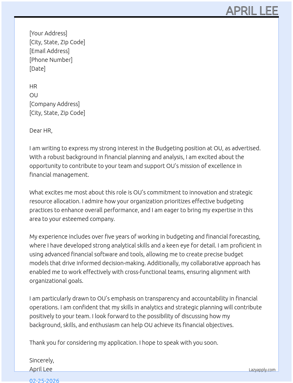 Budgeting  At OU Cover Letter