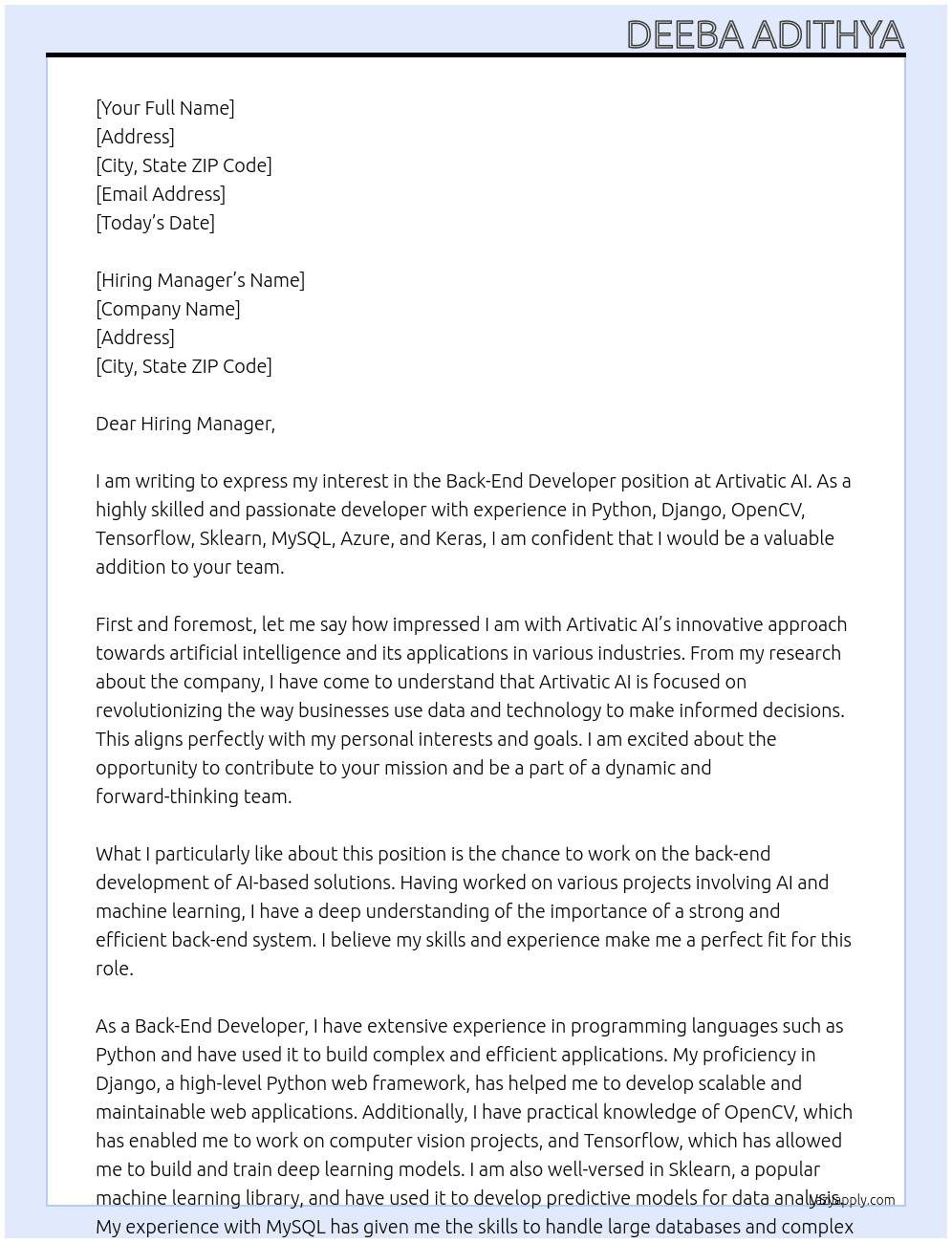 Back-End Developer At artivatic ai Cover Letter