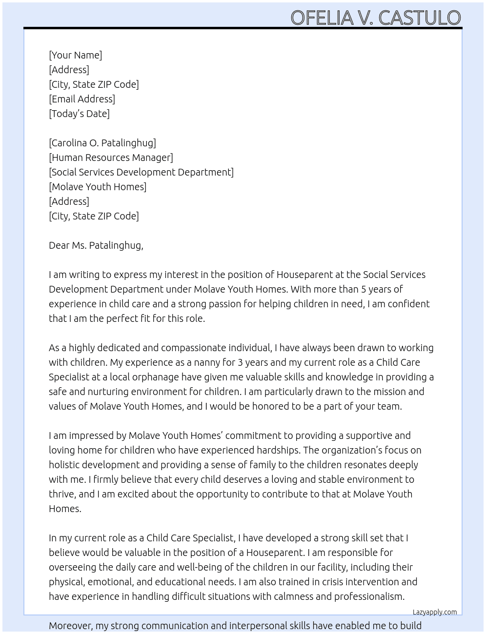 Cover letter for houseparent - LazyApply