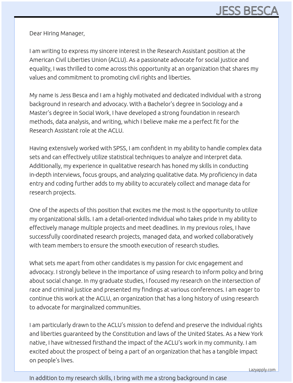 Research Assistant At ACLU Cover Letter