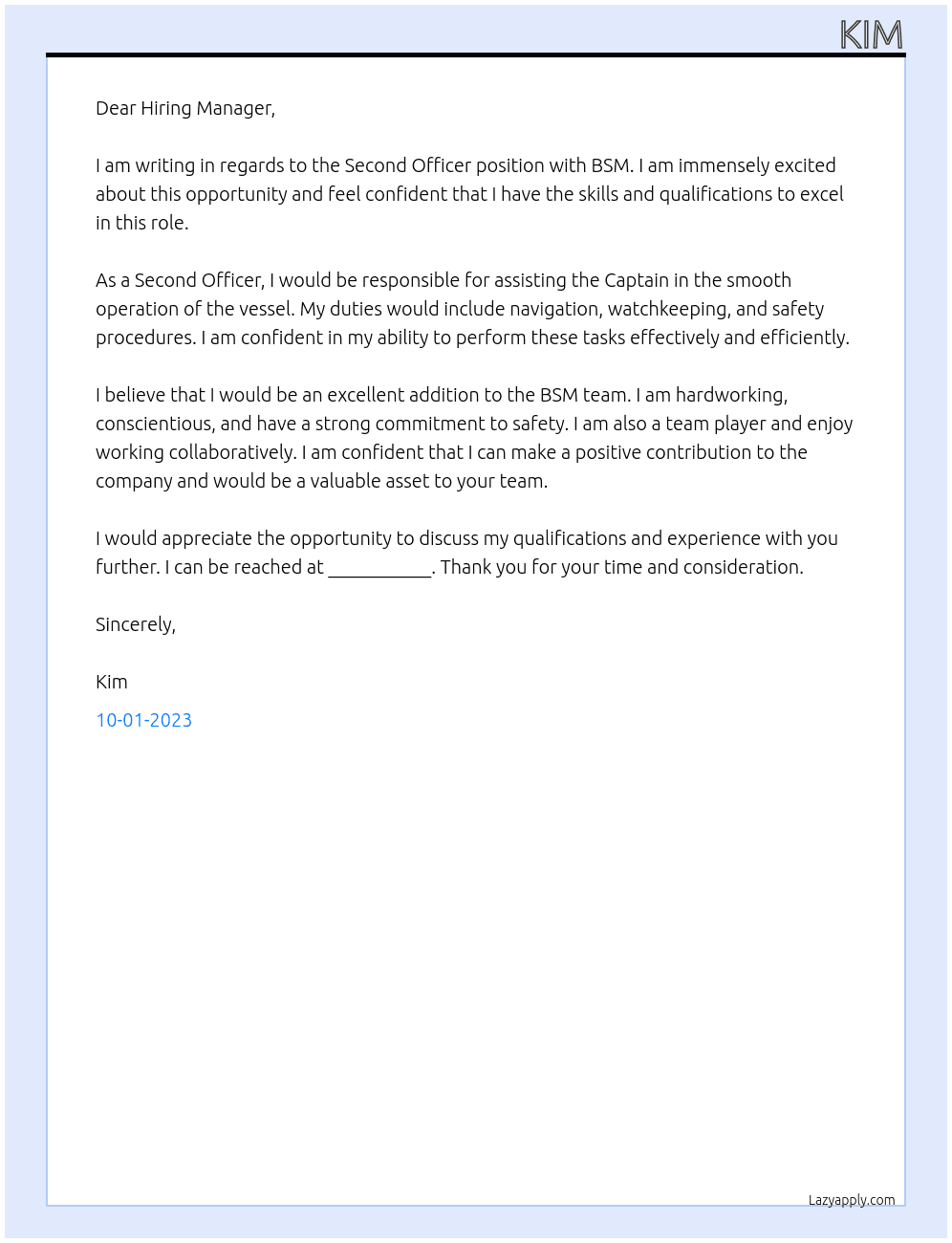 Second Officer At BSM Cover Letter