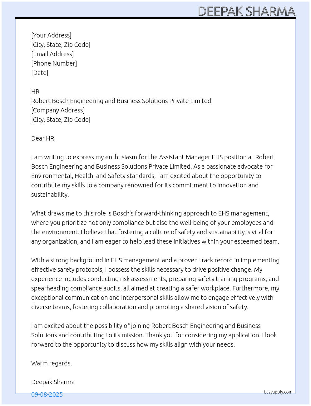 Cover letter for assistant manager ehs - LazyApply