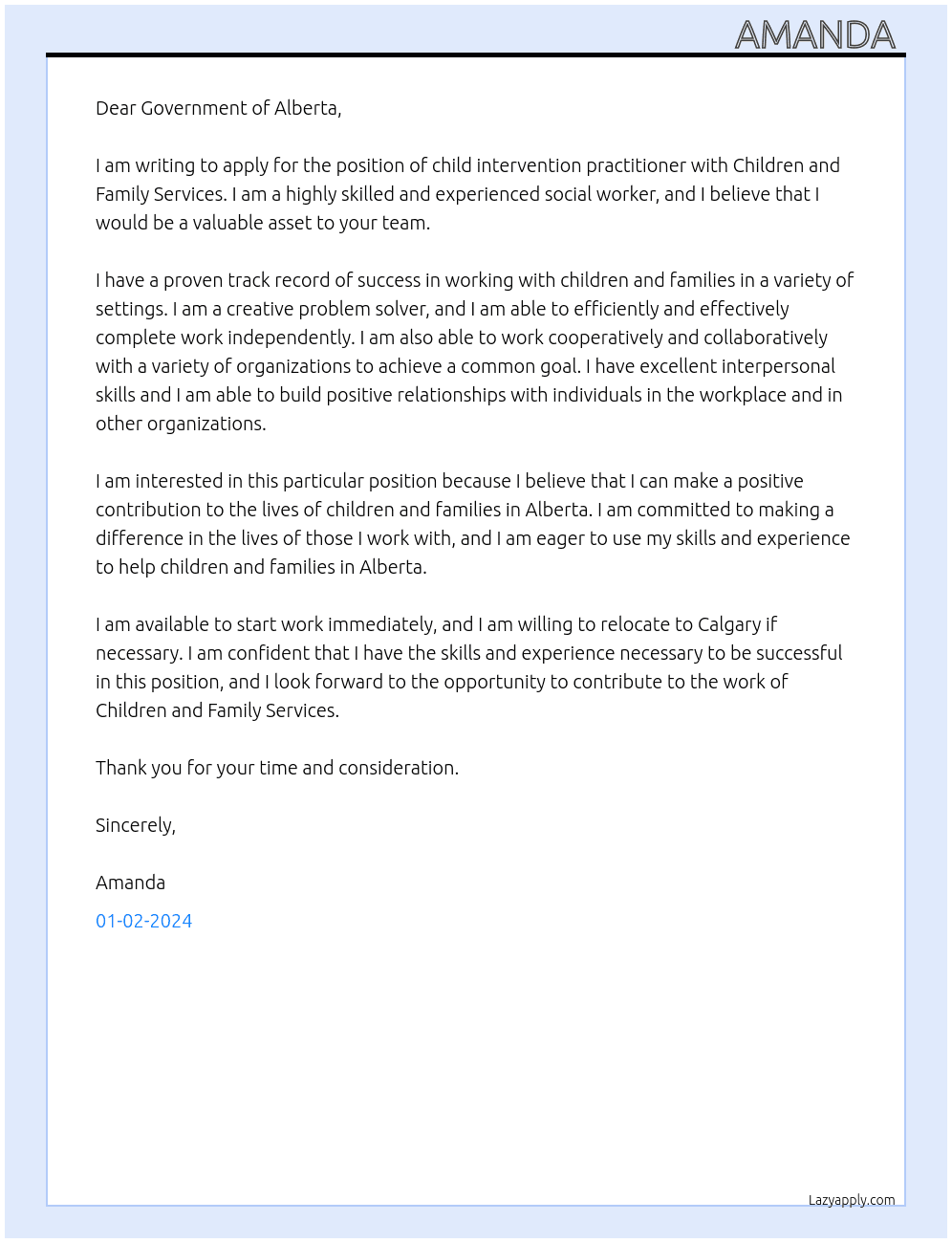 child intervention practitioner At Children and Family Services Cover Letter