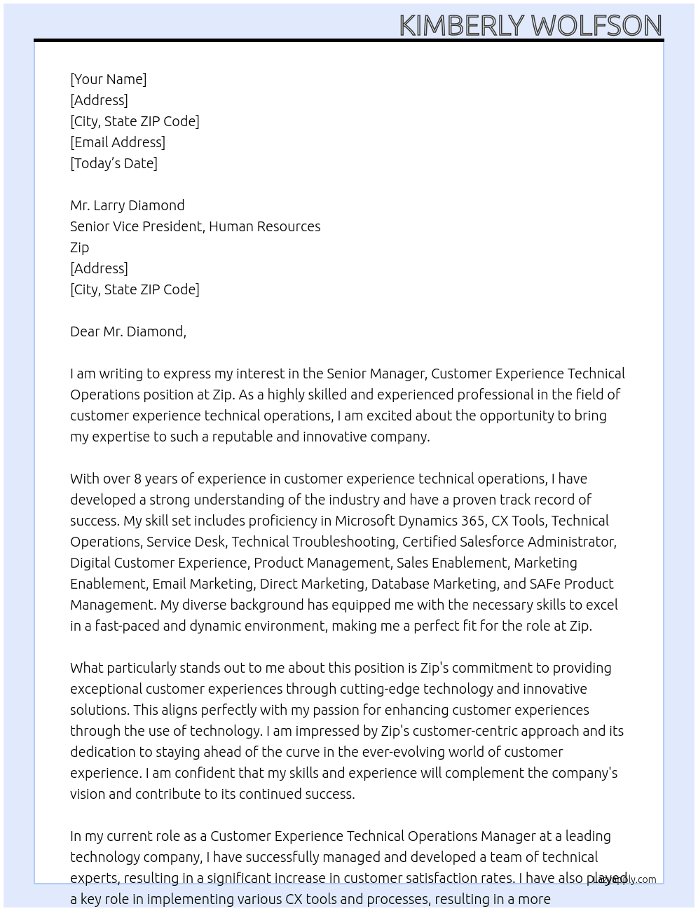Senior Manager, Customer Experience Technical Operations At Zip Cover Letter
