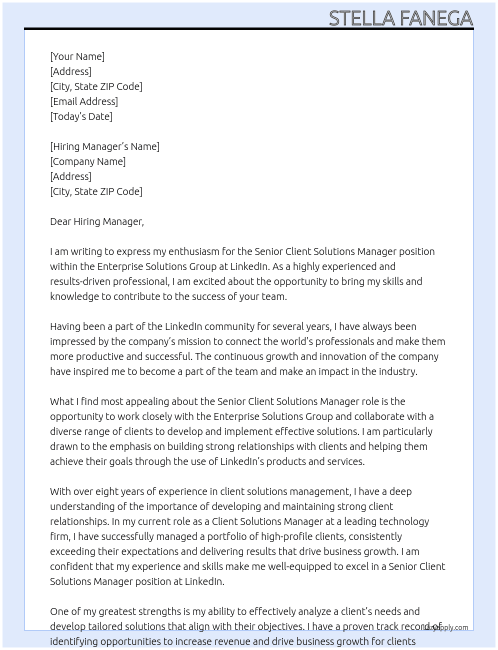 Senior Client Solutions Manager, Enterprise Solutions Group At LinkedIn Cover Letter