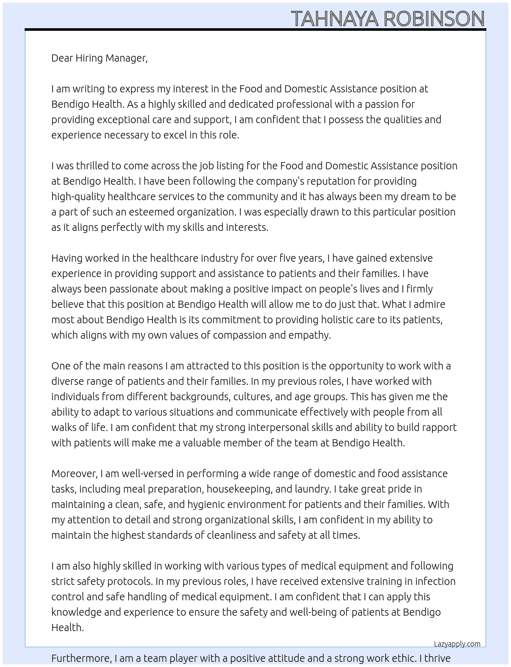 Food and Domestic Assistance  At Bendigo Health Cover Letter