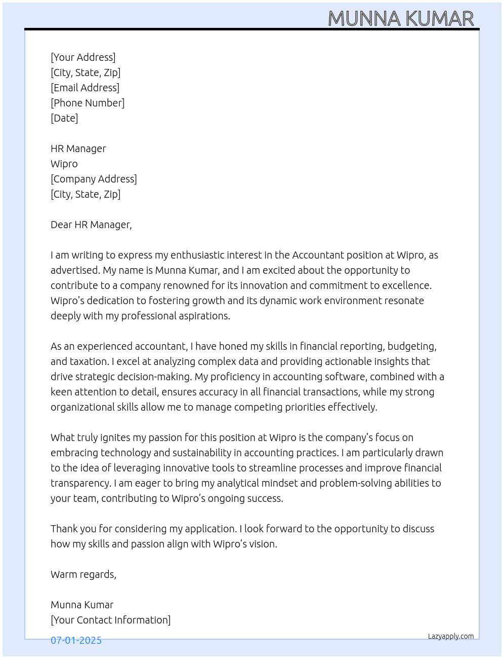 Accountant  At Wipro Cover Letter
