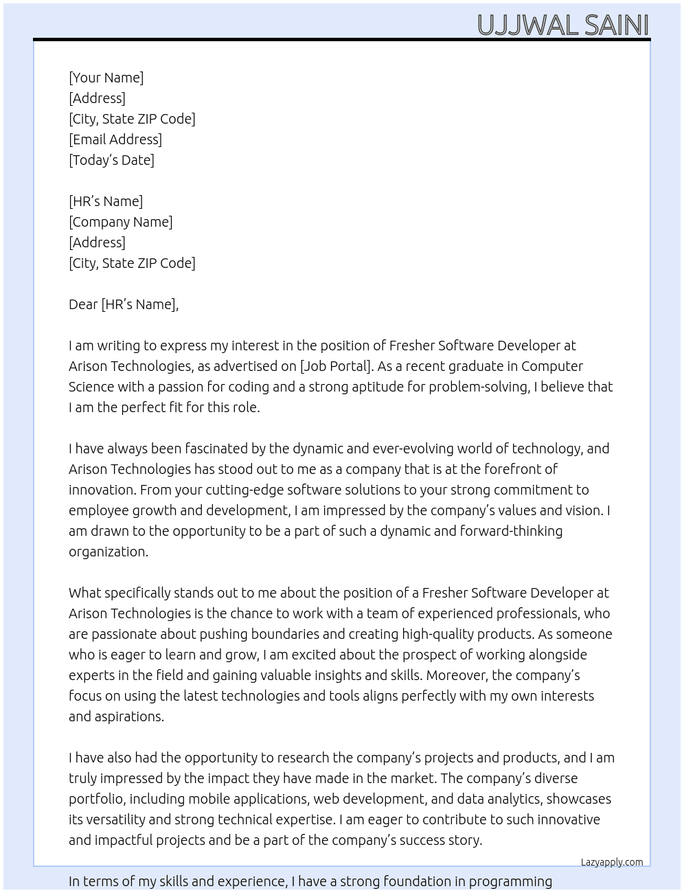 Fresher Software Developer At Arison Technologies Cover Letter