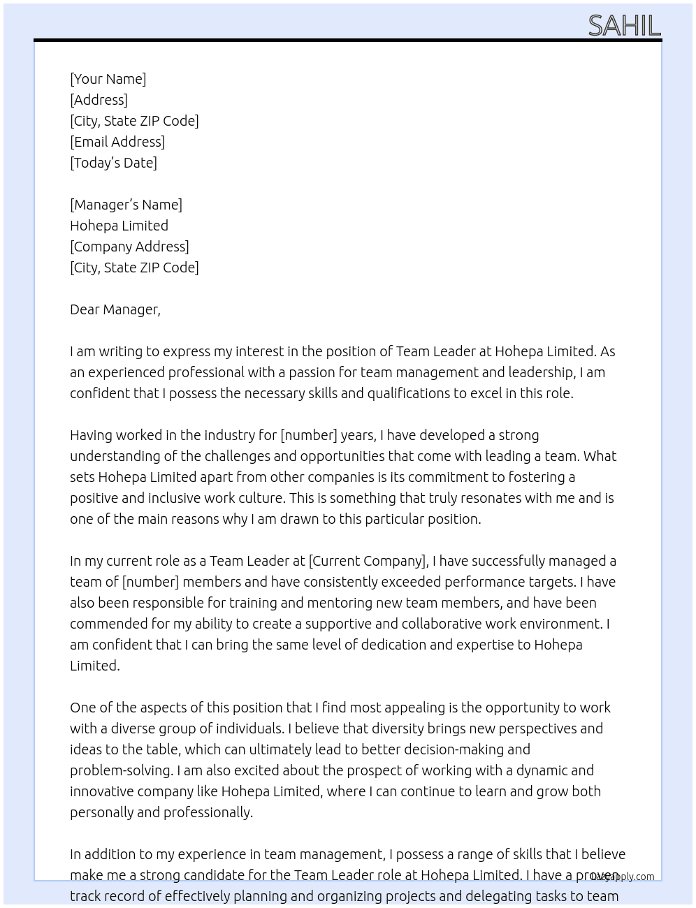 Team leader  At Hohepa limited  Cover Letter
