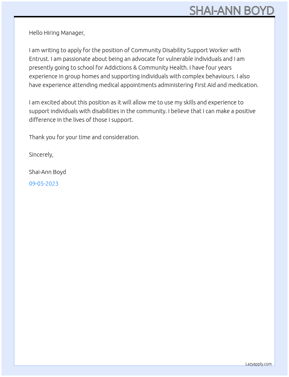 Community Disability Support Worker  At Entrust Cover Letter