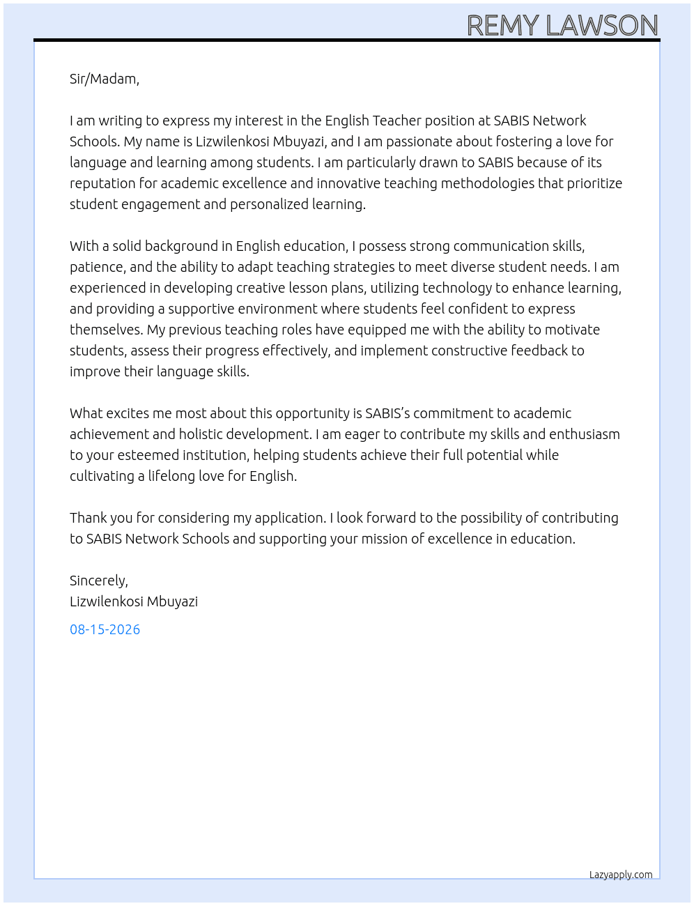 English teacher  At SABIS  Network Schools Cover Letter
