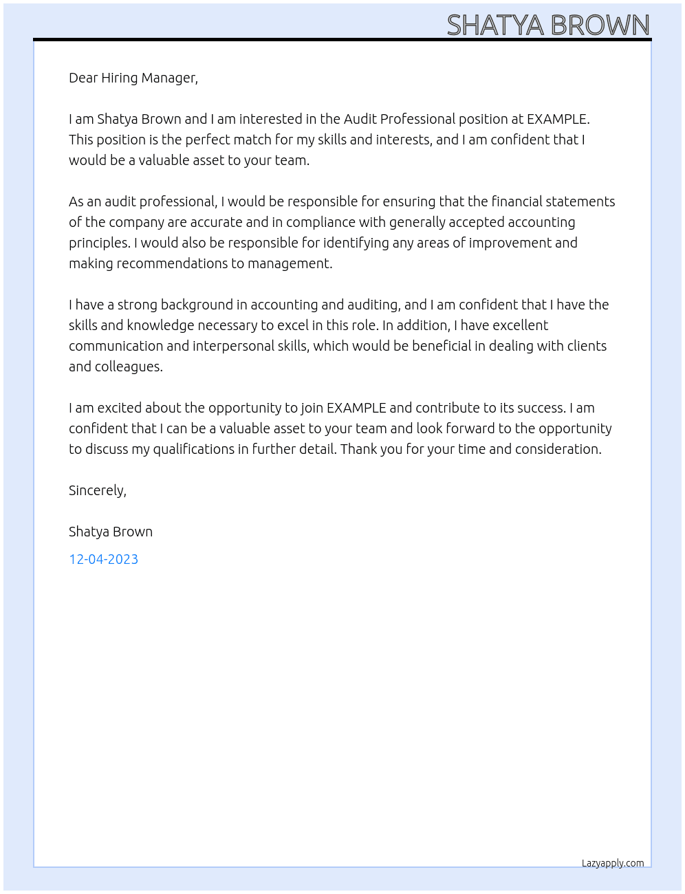 Audit Professional At EXAMPLE Cover Letter