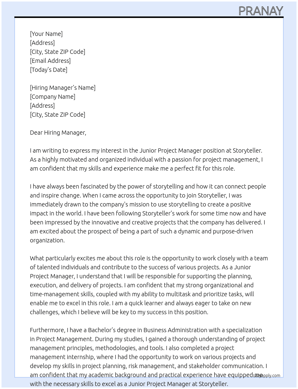 Junior Project Manager At Storyteller Cover Letter
