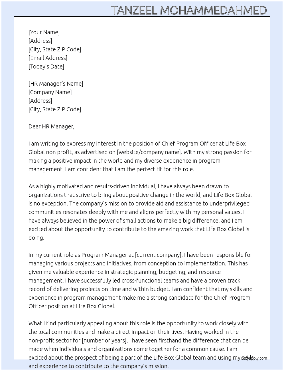 Chief program officer  At Life Box Global non profit  Cover Letter