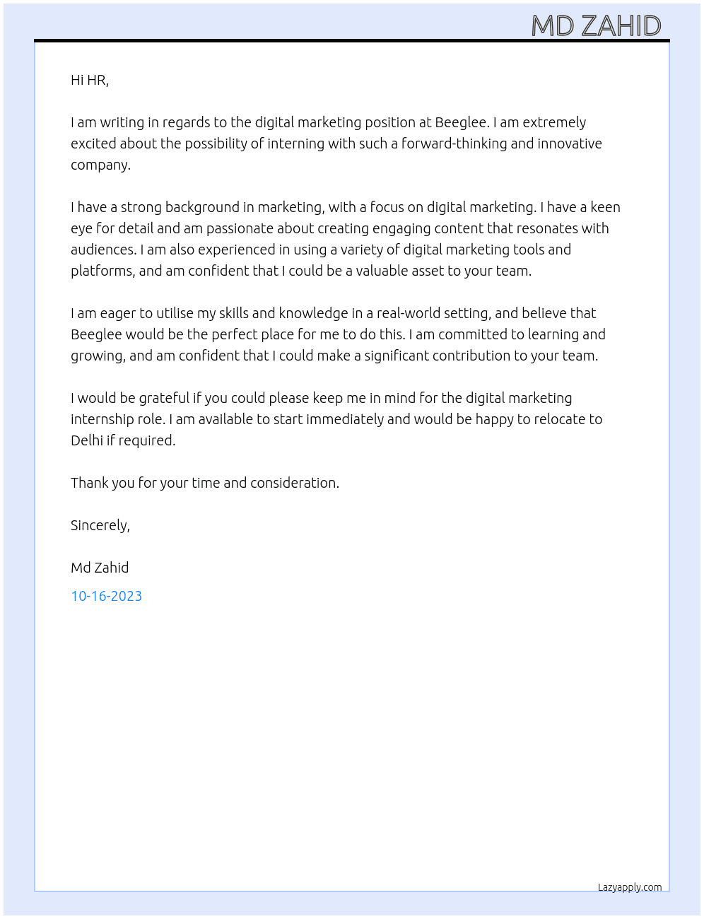 digital marketing At Beeglee Cover Letter