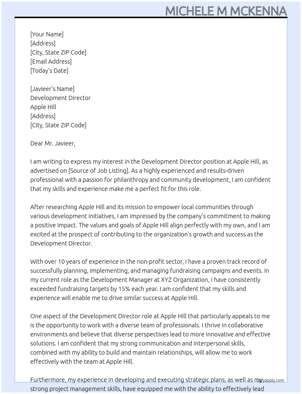 Development Director At Apple Hill  Cover Letter