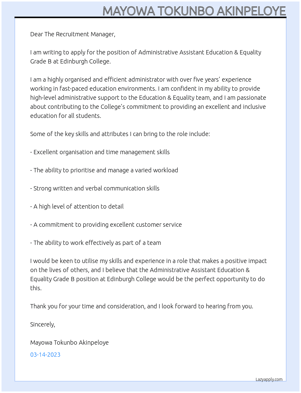 Administrative Assistant Education & Equality Grade B At Edinburgh College Cover Letter
