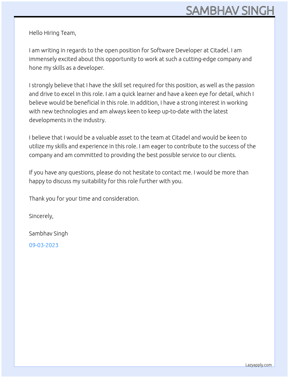 Software Developer At Citadel Cover Letter