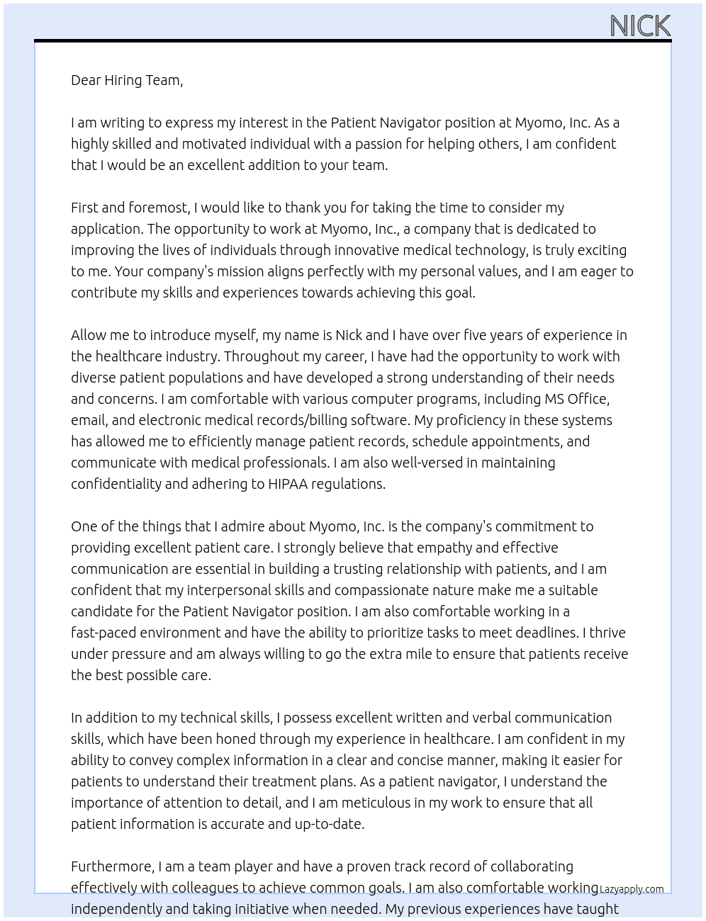 Patient Navigator At Myomo, Inc Cover Letter