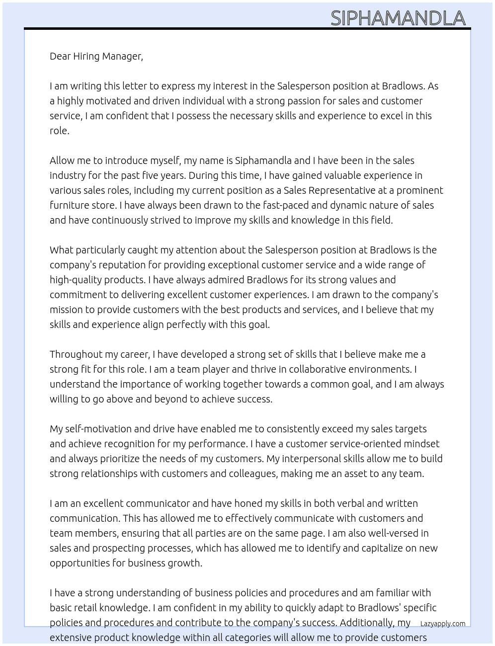 Salesperson  At Bradlows  Cover Letter