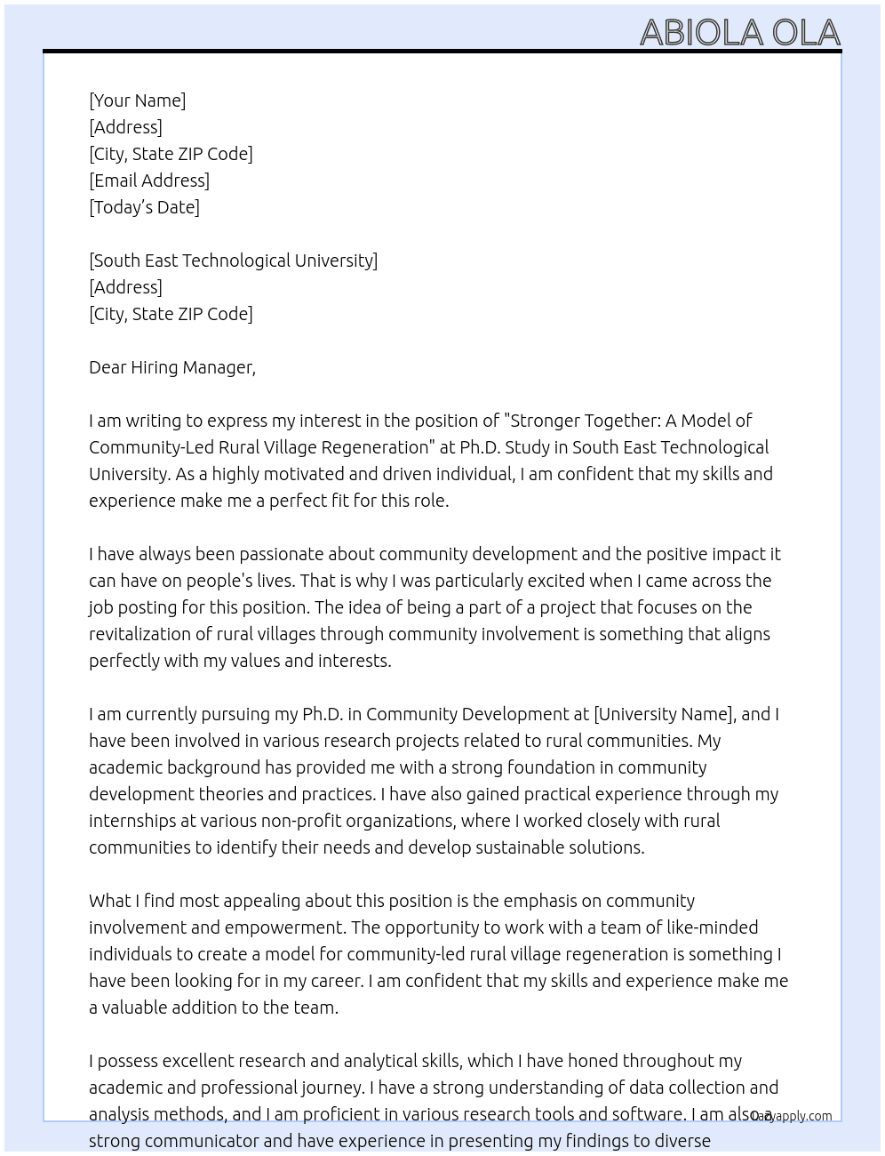 Stronger together: A Model of Community-Led Rural Village Regeneration At Ph.d study Cover Letter