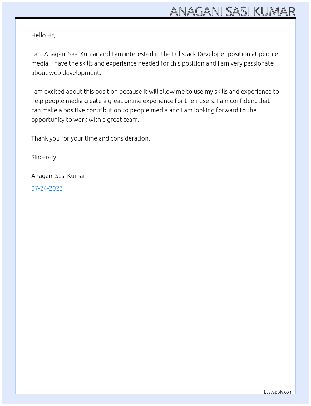 Fullstack Developer At people media Cover Letter