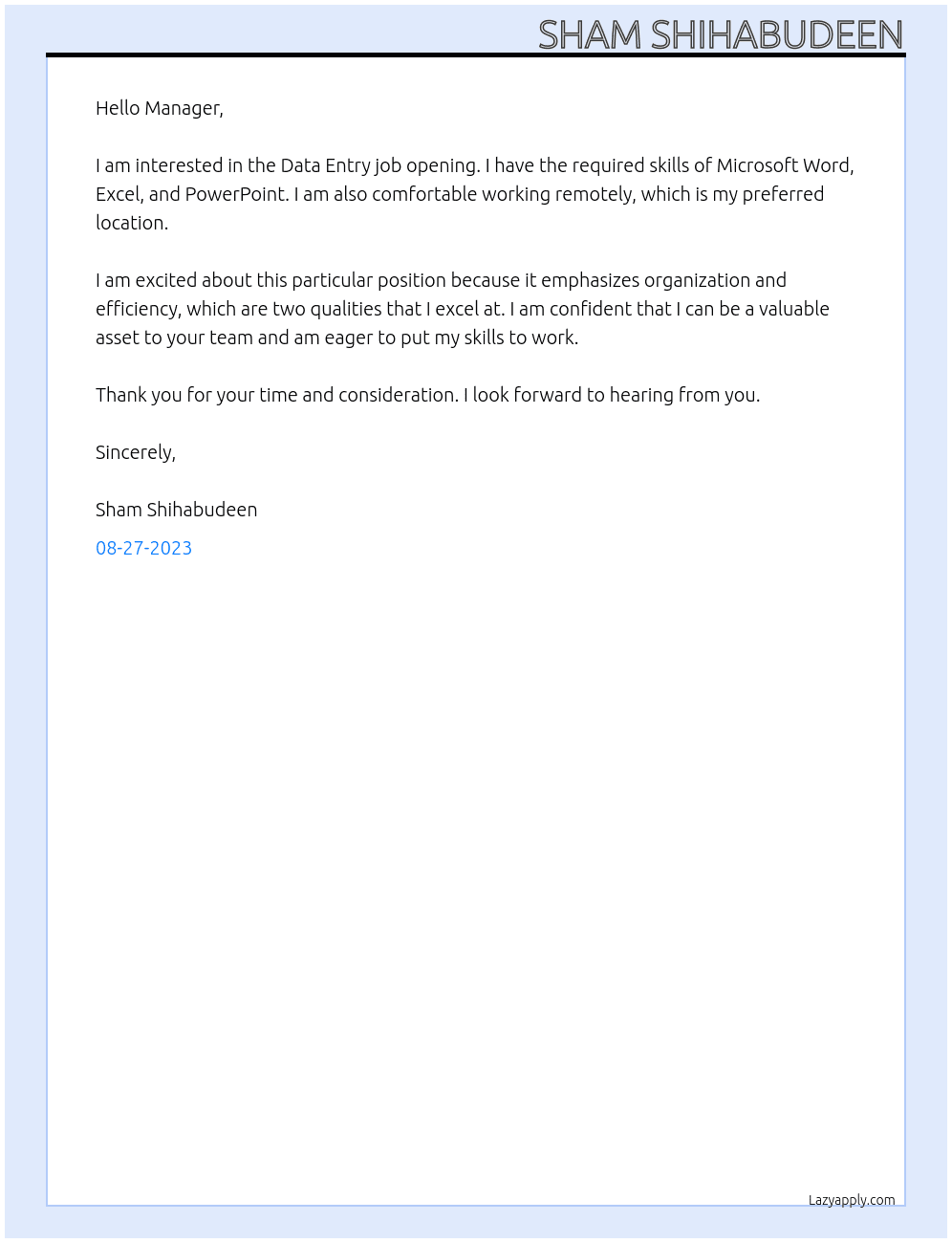 Data Entry At Data Entry Job Opening Cover Letter