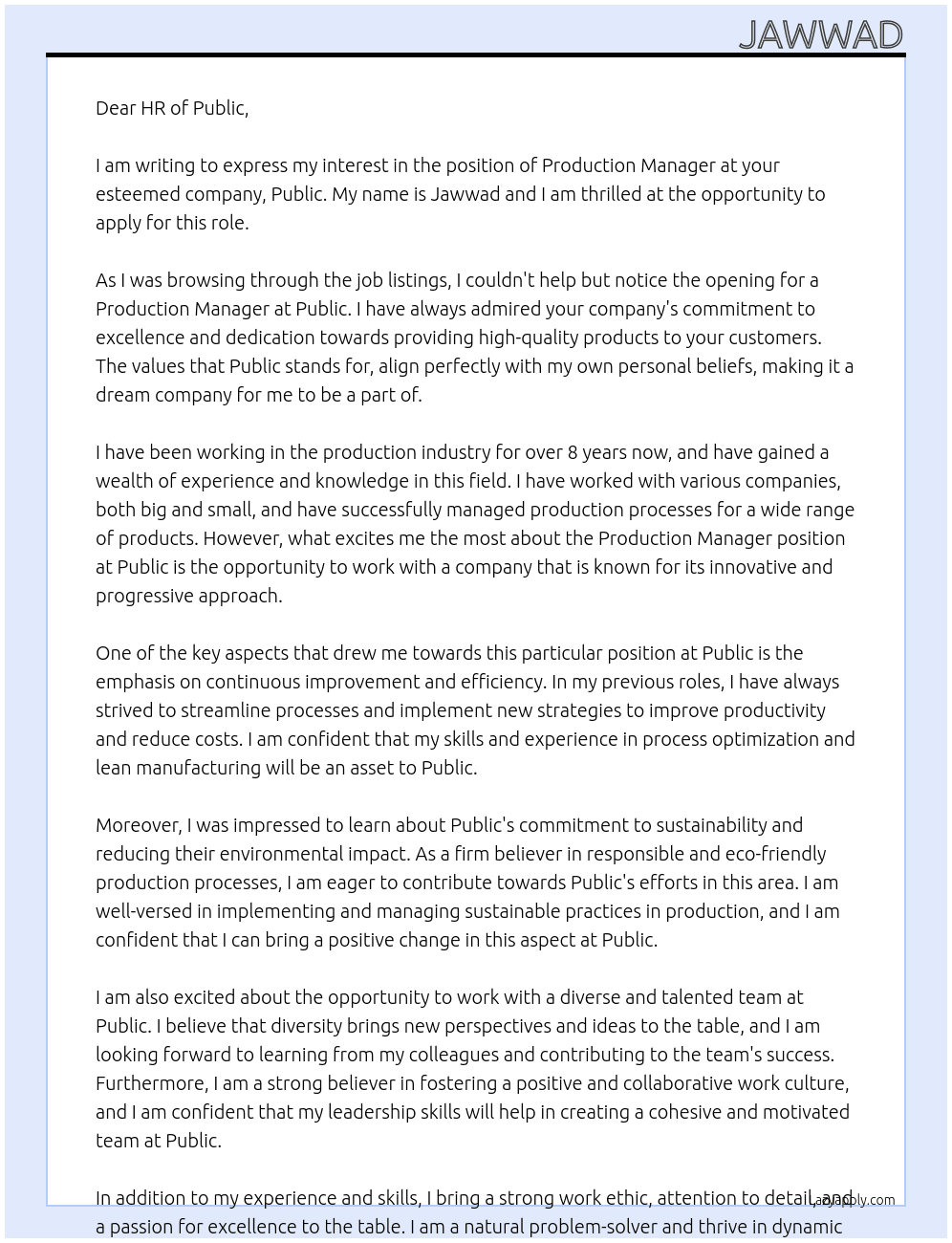 Production manager At Public  Cover Letter