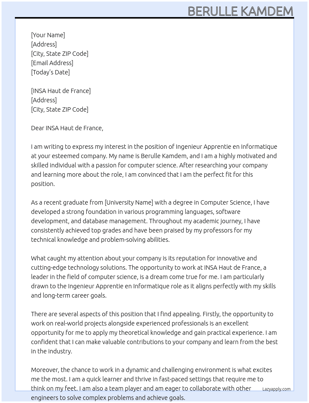ingenieur apprentie en  informatique At INSA Haut de france Cover Letter