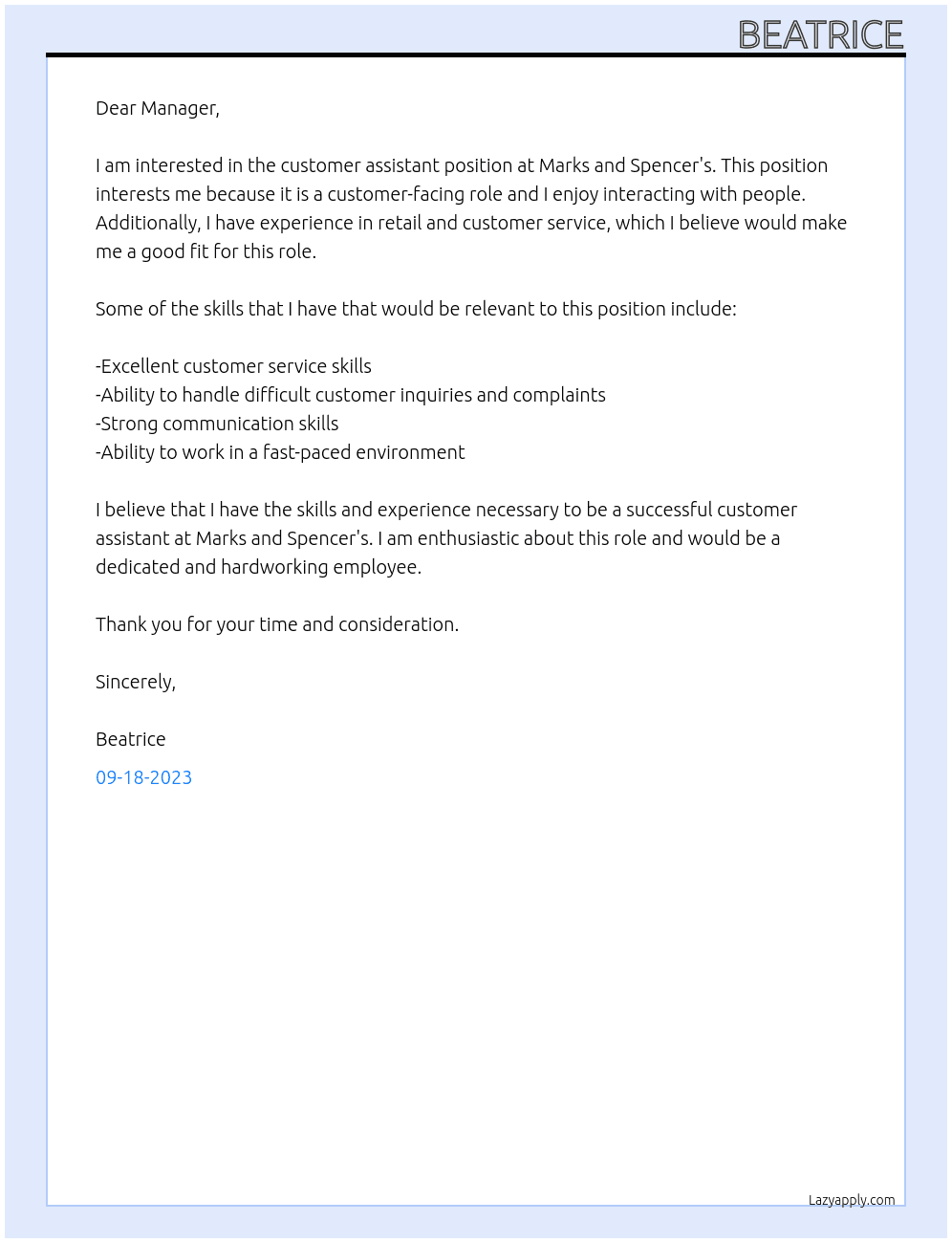 Customer assisstant At Marks and spencers Cover Letter