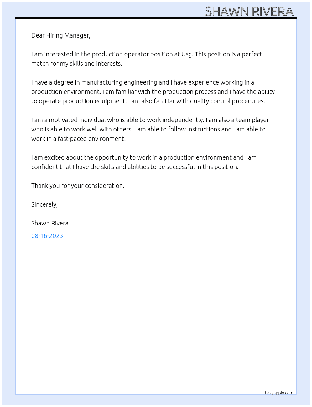 Production operator  At Usg Cover Letter