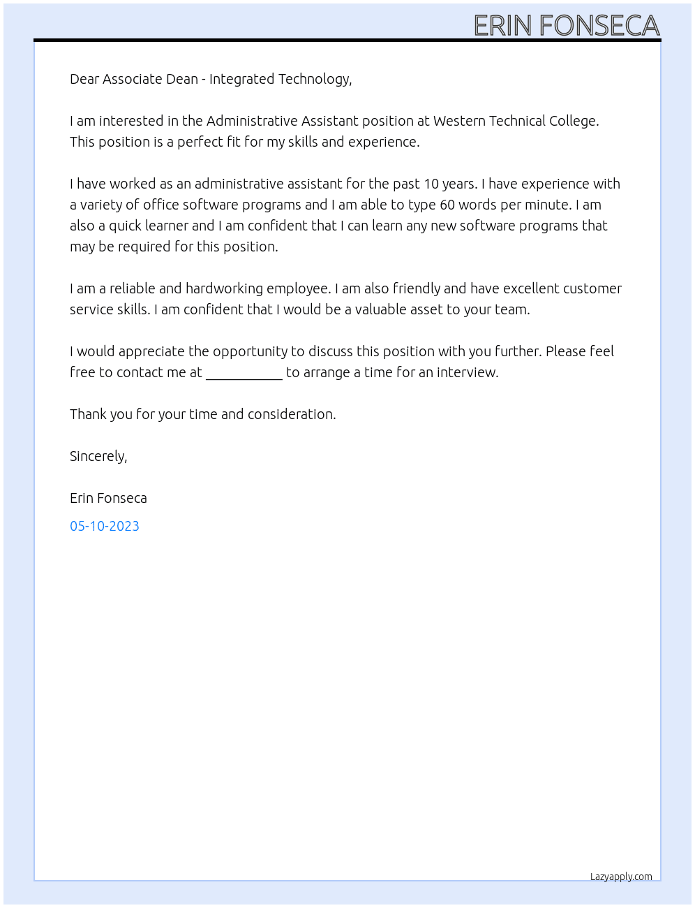 Administrative Assistant  At Western Technical College Cover Letter