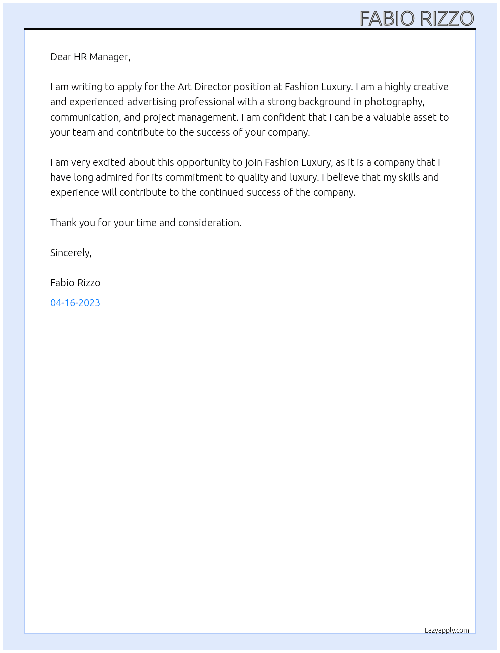 Art Director At Fashion Luxury Cover Letter