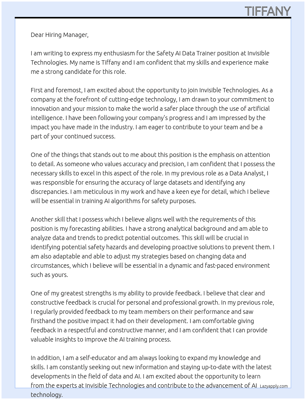Cover letter for safety ai data trainer - LazyApply