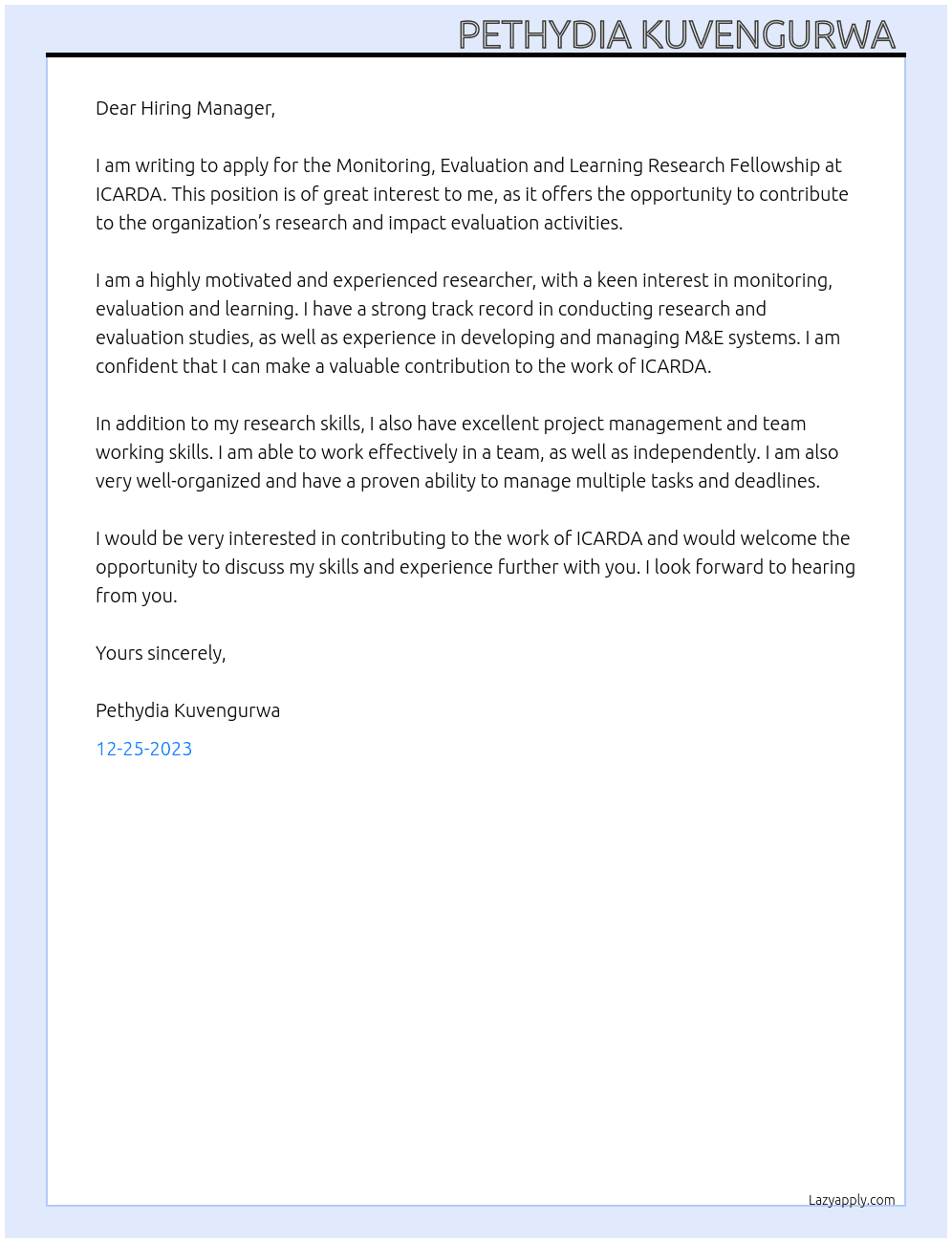 Monitoring, Evaluation and Learning Research Fellowship  At ICARDA Cover Letter