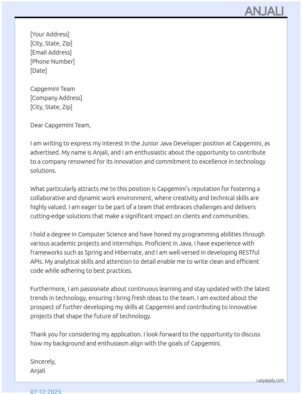 Cover letter for junior java developer - LazyApply