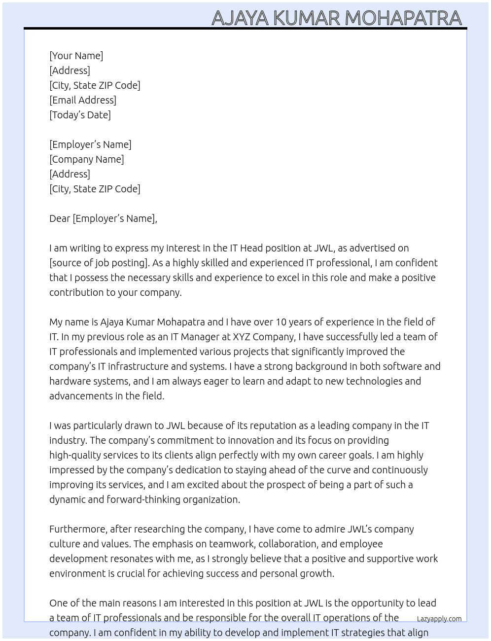 IT Head At JWL Cover Letter