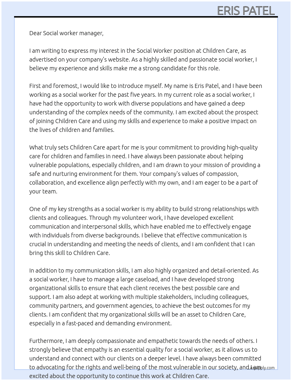 Social worker  At Children care  Cover Letter